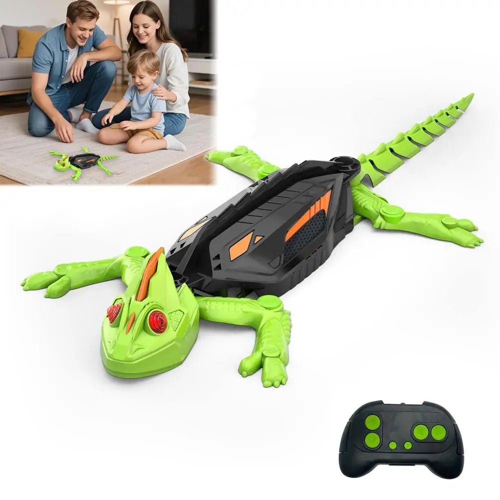 Toy robot lizard with remote control on a white background, family playing with it in a living room.