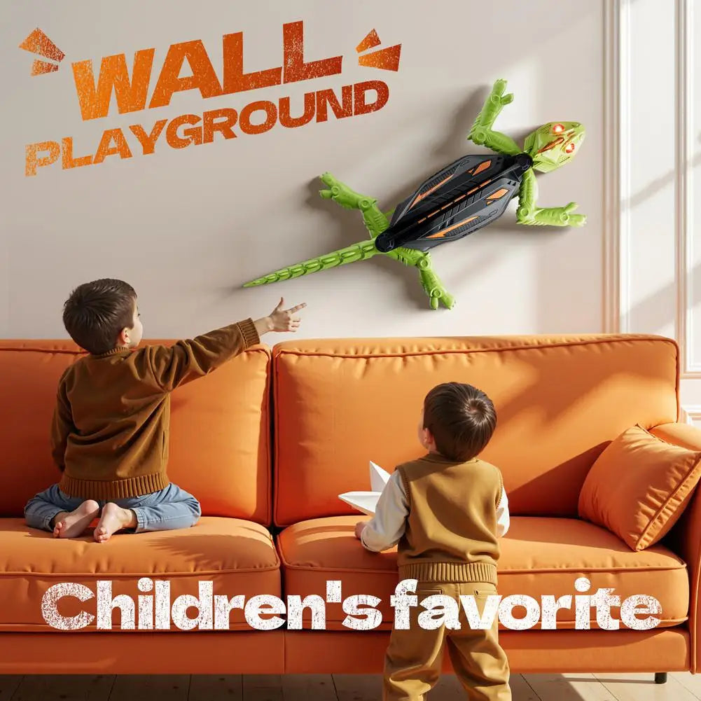 Two children playing with a toy wall climber on an orange couch, with 'Wall Playground' branding.