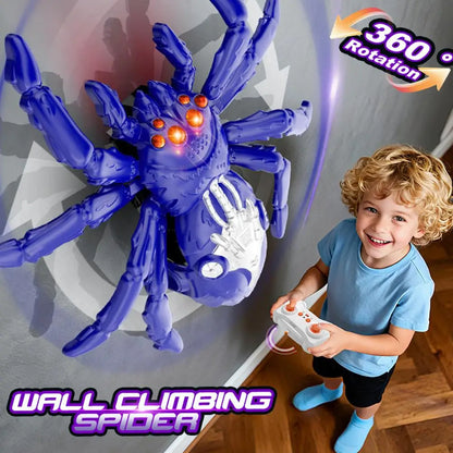Child playing with a wall-climbing spider toy on a gray background