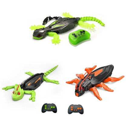 Two remote-controlled lizard toys with controllers on a white background