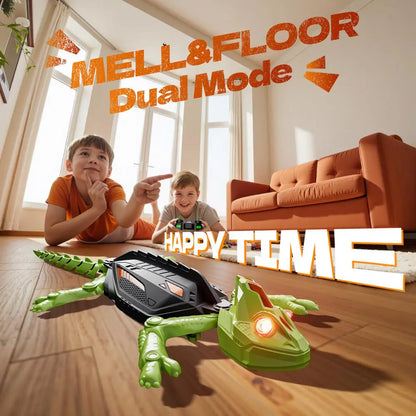 Toy vehicle on a wooden floor with children in the background, featuring text 'MELL&FLOOR Dual Mode' and 'Happy Time'.