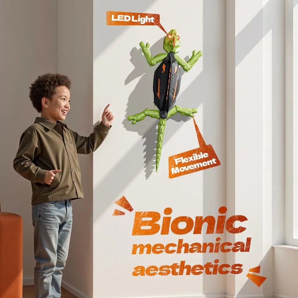 Child pointing at a wall-mounted mechanical lizard with LED light and flexible movement features.